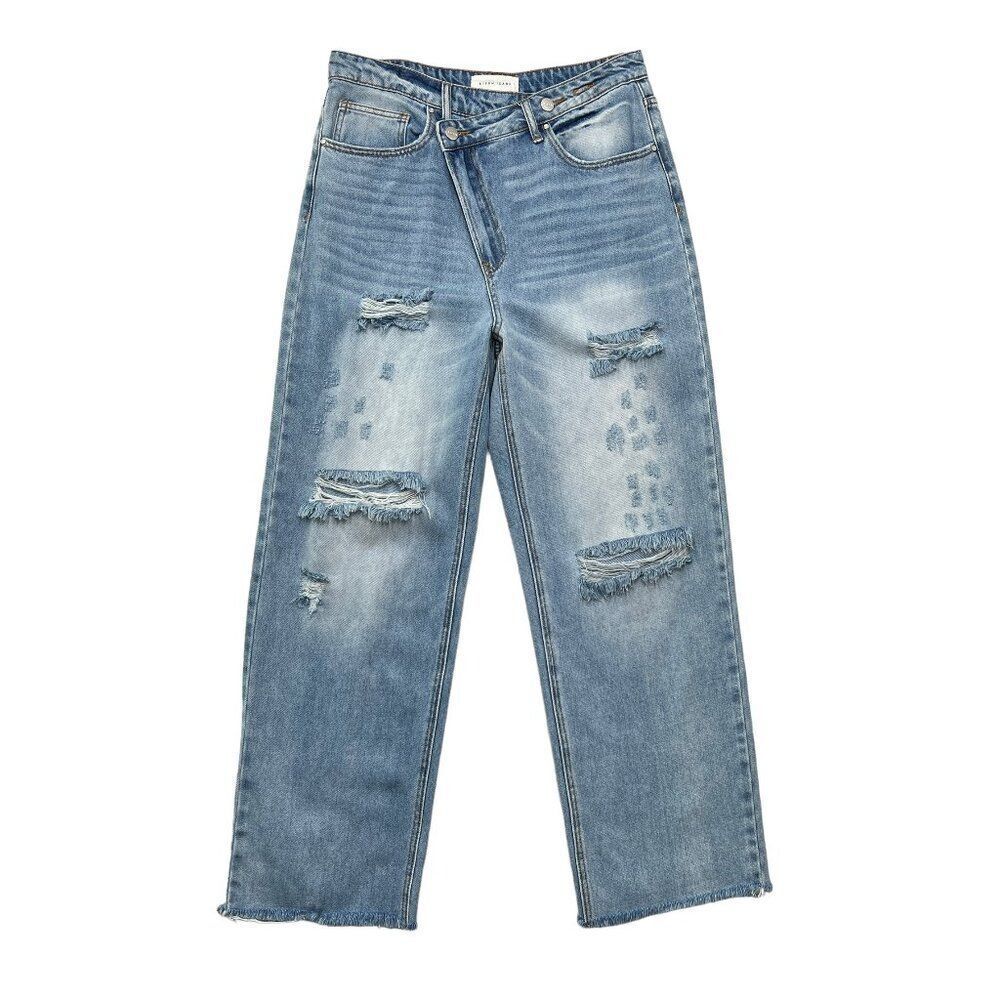 Risen Jeans Women's Cross Over‎ Distressed High Waist Straight Leg Jeans
